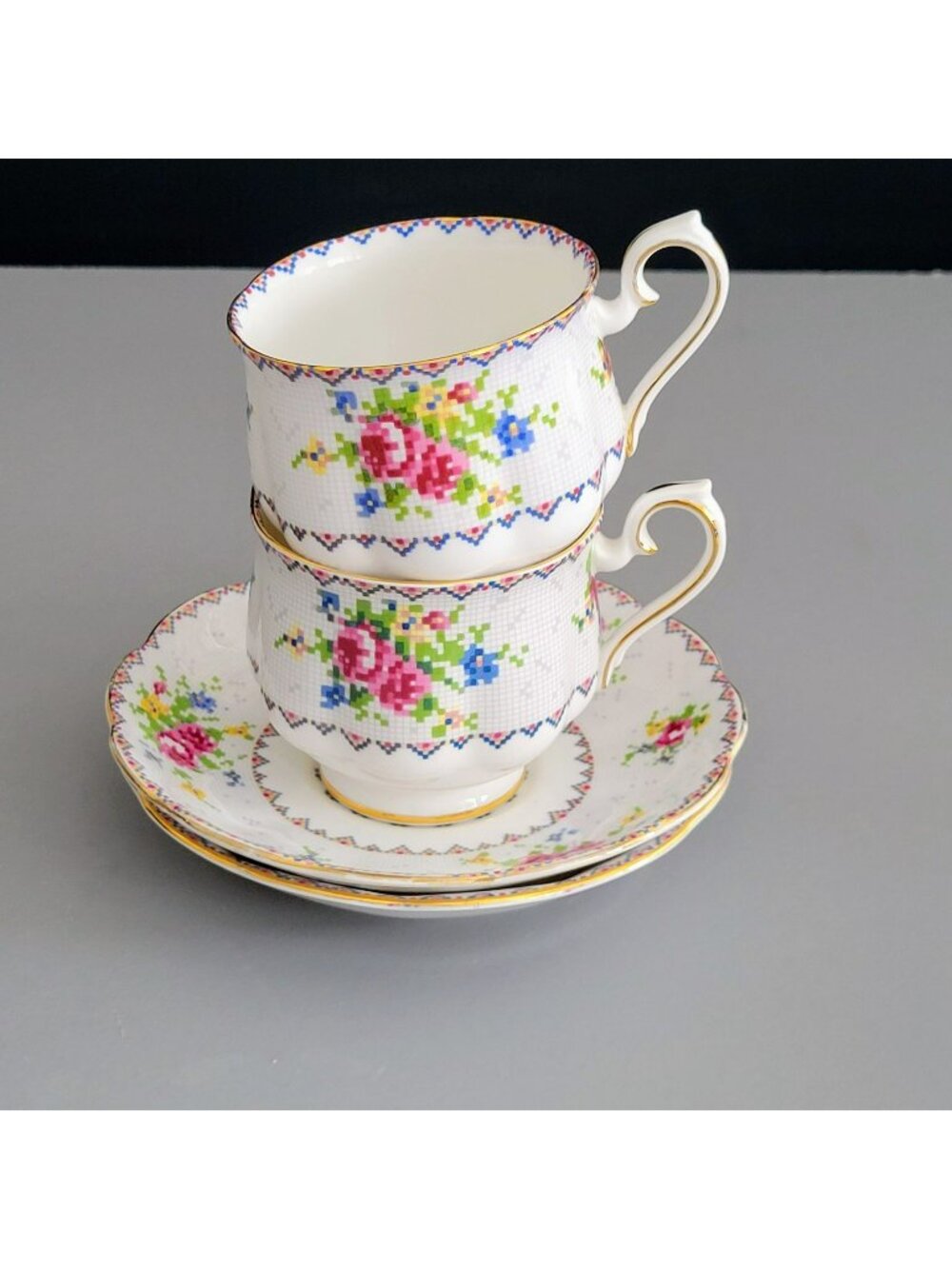 Vintage Royal Albert Petit Point Teacup & Saucer, 2 Sets, Pixel Floral, Hampton